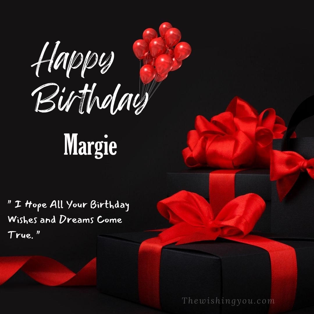 Happy birthday Margie written on image red ballons and gift box with red ribbon Dark Black background