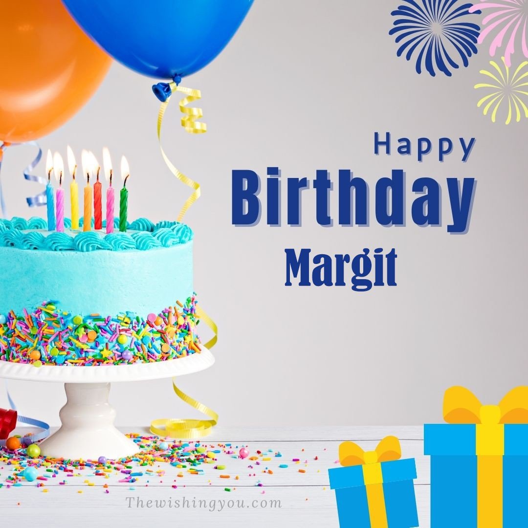 Happy birthday Margit written on image Green cake keep on White stand and blue gift boxes with Yellow ribon with Sky background