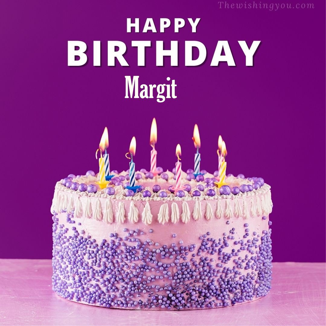 Happy birthday Margit written on image White and blue cake and burning candles Violet background