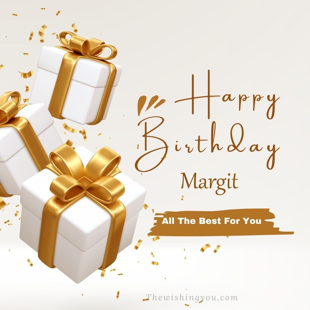 Happy birthday Margit written on image White gift boxes with Yellow ribon with white background