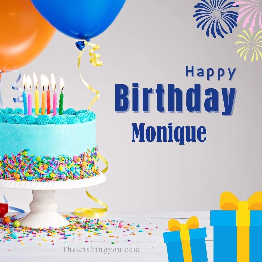 Happy birthday Monique written on image Green cake keep on White stand and blue gift boxes with Yellow ribon with Sky background