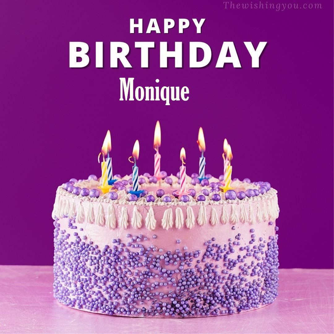 Happy birthday Monique written on image White and blue cake and burning candles Violet background