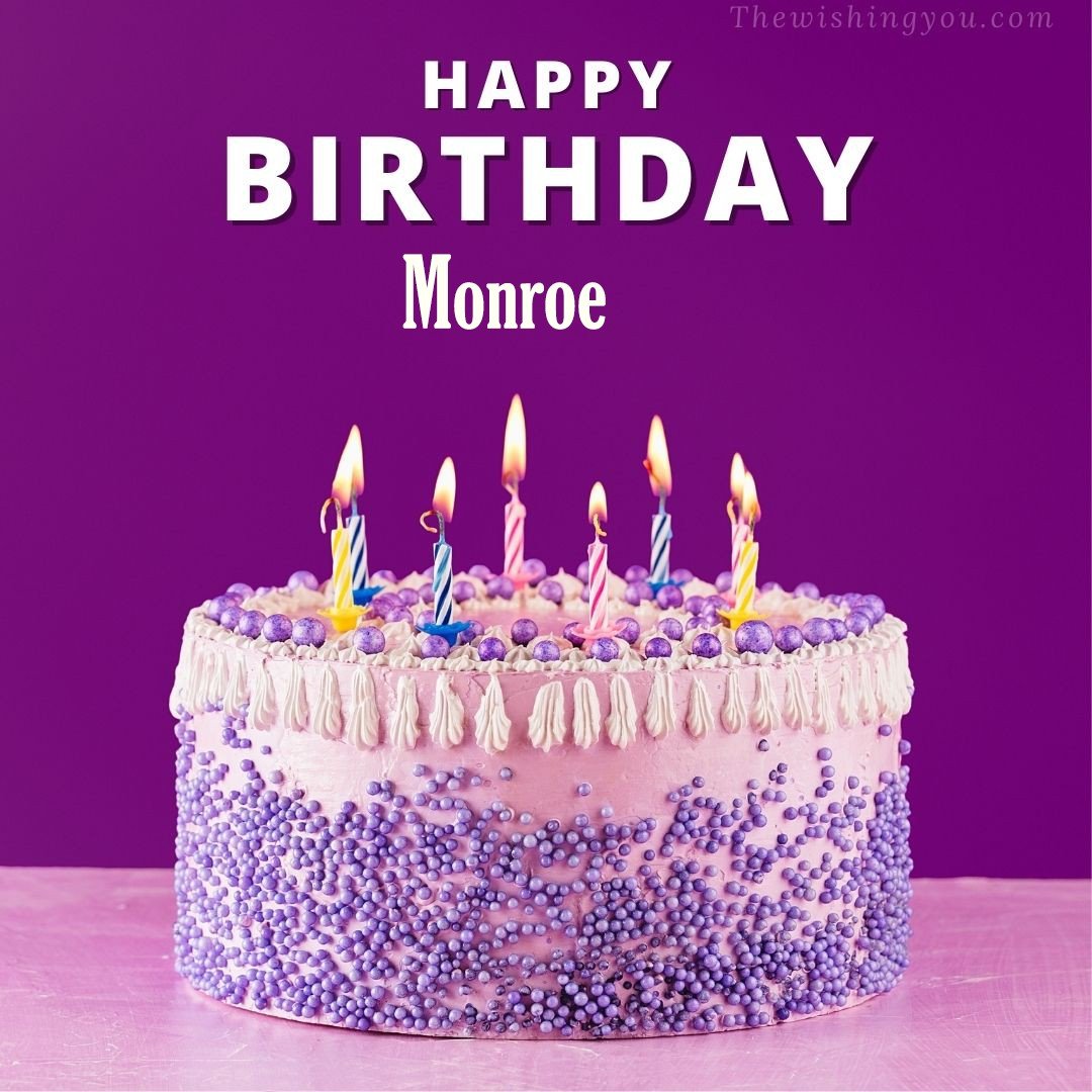 Happy birthday Monroe written on image White and blue cake and burning candles Violet background