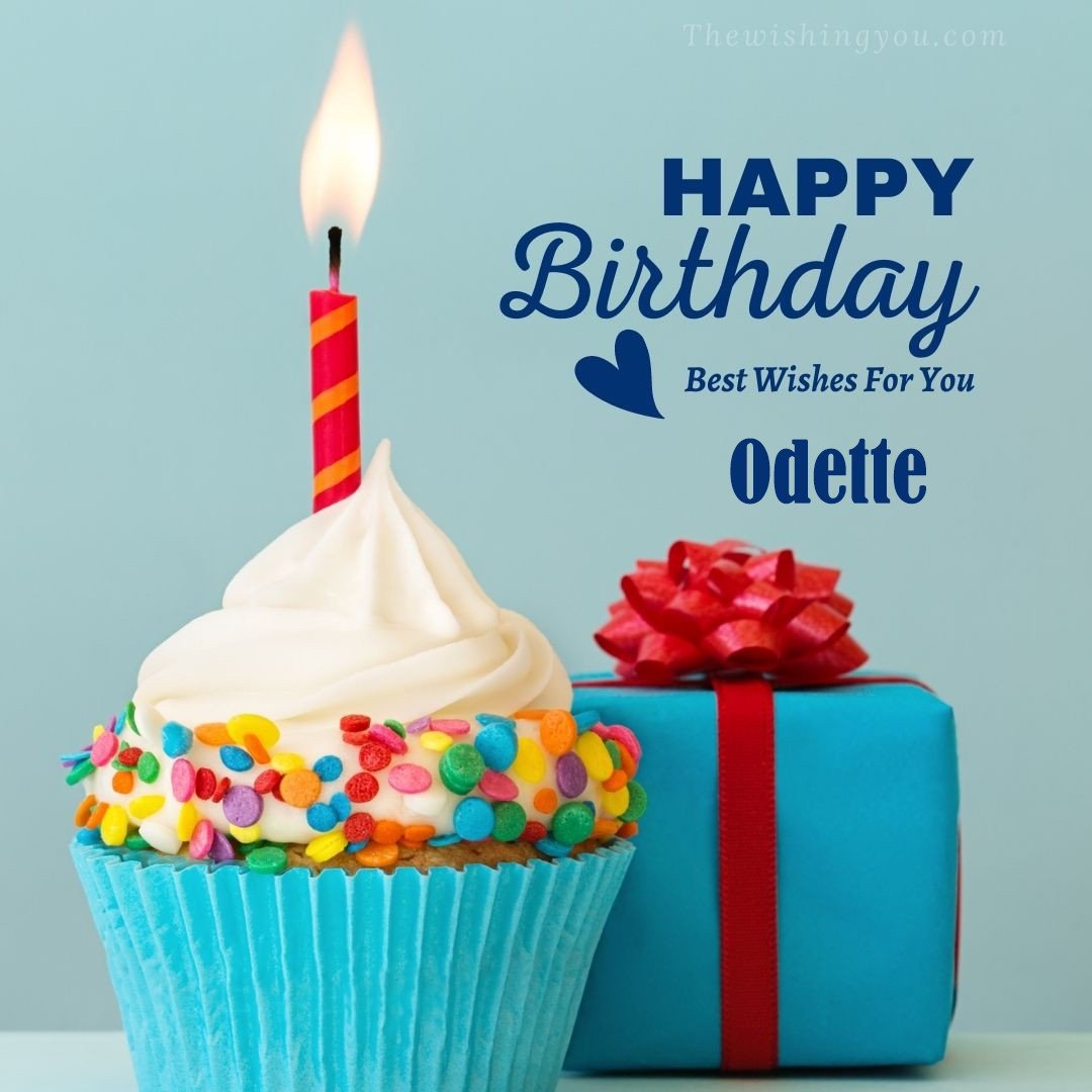 Happy birthday Odette written on image Blue Cup cake and burning candle blue Gift boxes with red ribon