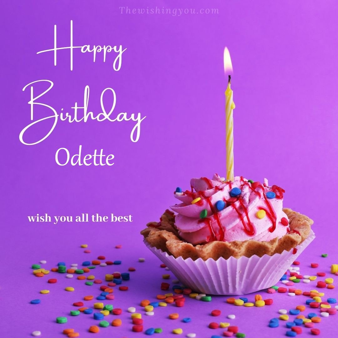 Happy birthday Odette written on image cup cake burning candle Purple background