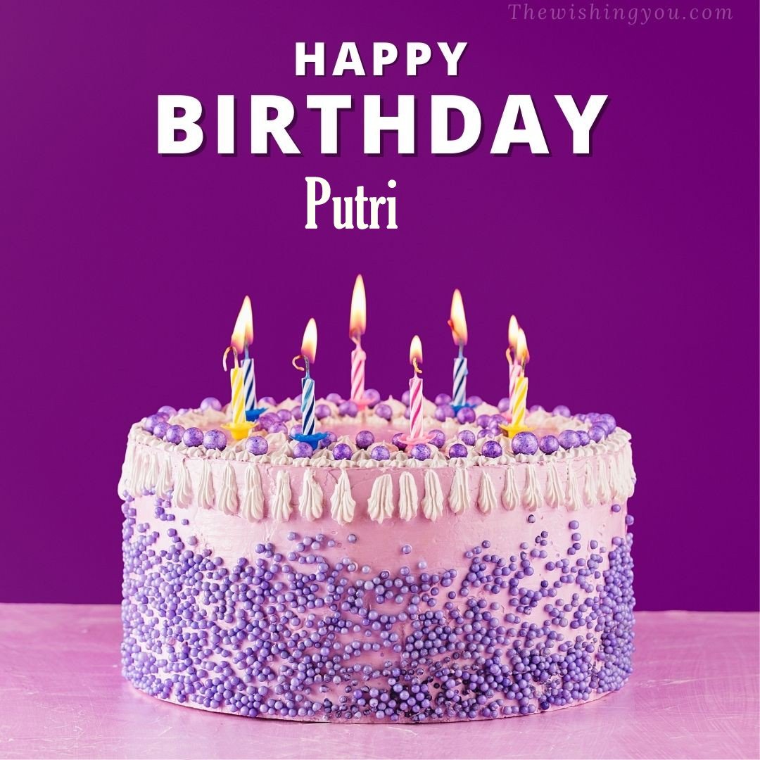 Happy birthday Putri written on image White and blue cake and burning candles Violet background