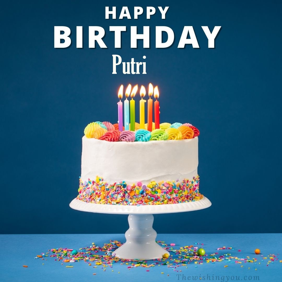 Happy birthday Putri written on image White cake keep on White stand and burning candles Sky background