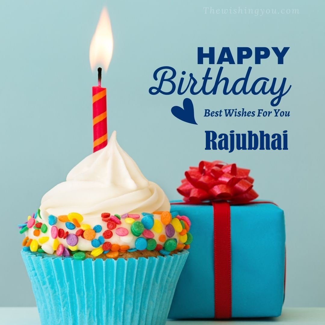 Happy birthday Rajubhai written on image Blue Cup cake and burning candle blue Gift boxes with red ribon