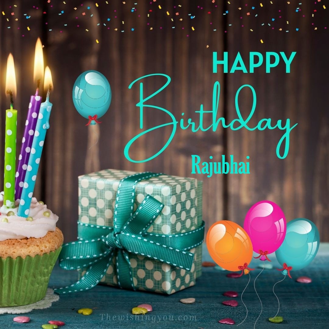 Happy birthday Rajubhai written on image Green Cup cake and burning candlepink blue and yello balloons Gift boxes