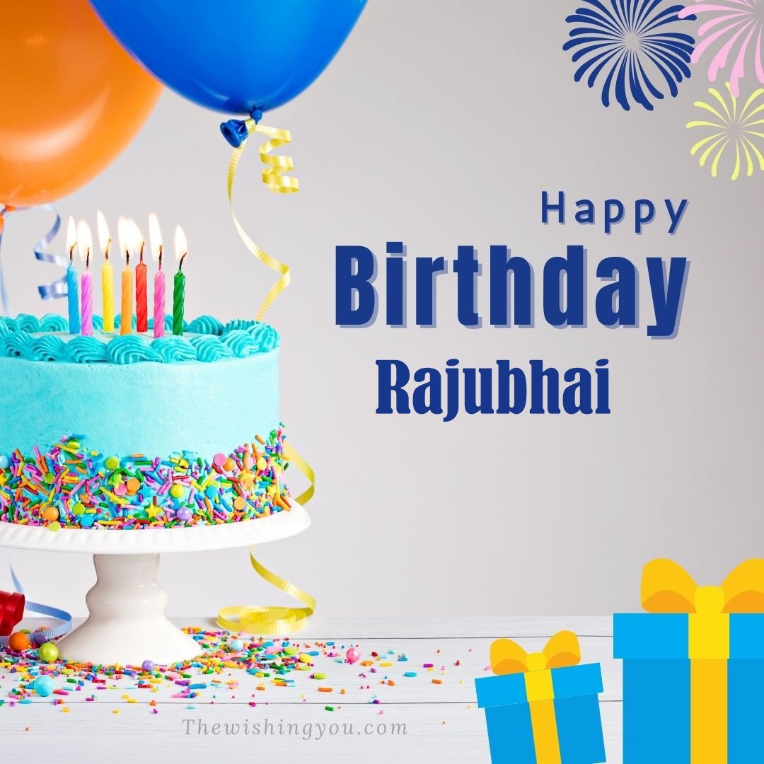 Happy birthday Rajubhai written on image Green cake keep on White stand and blue gift boxes with Yellow ribon with Sky background