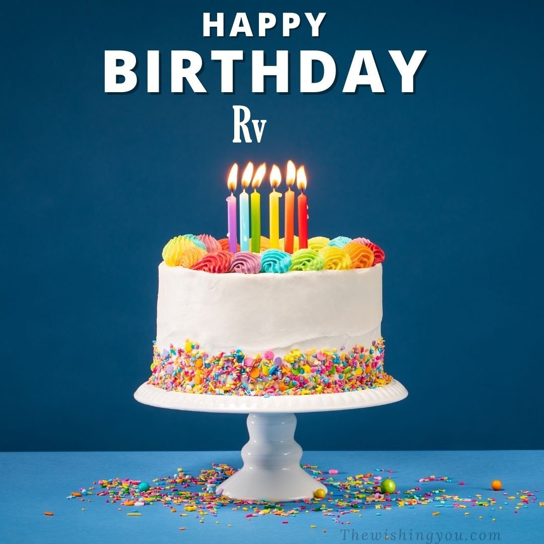 Happy birthday Rv written on image White cake keep on White stand and burning candles Sky background