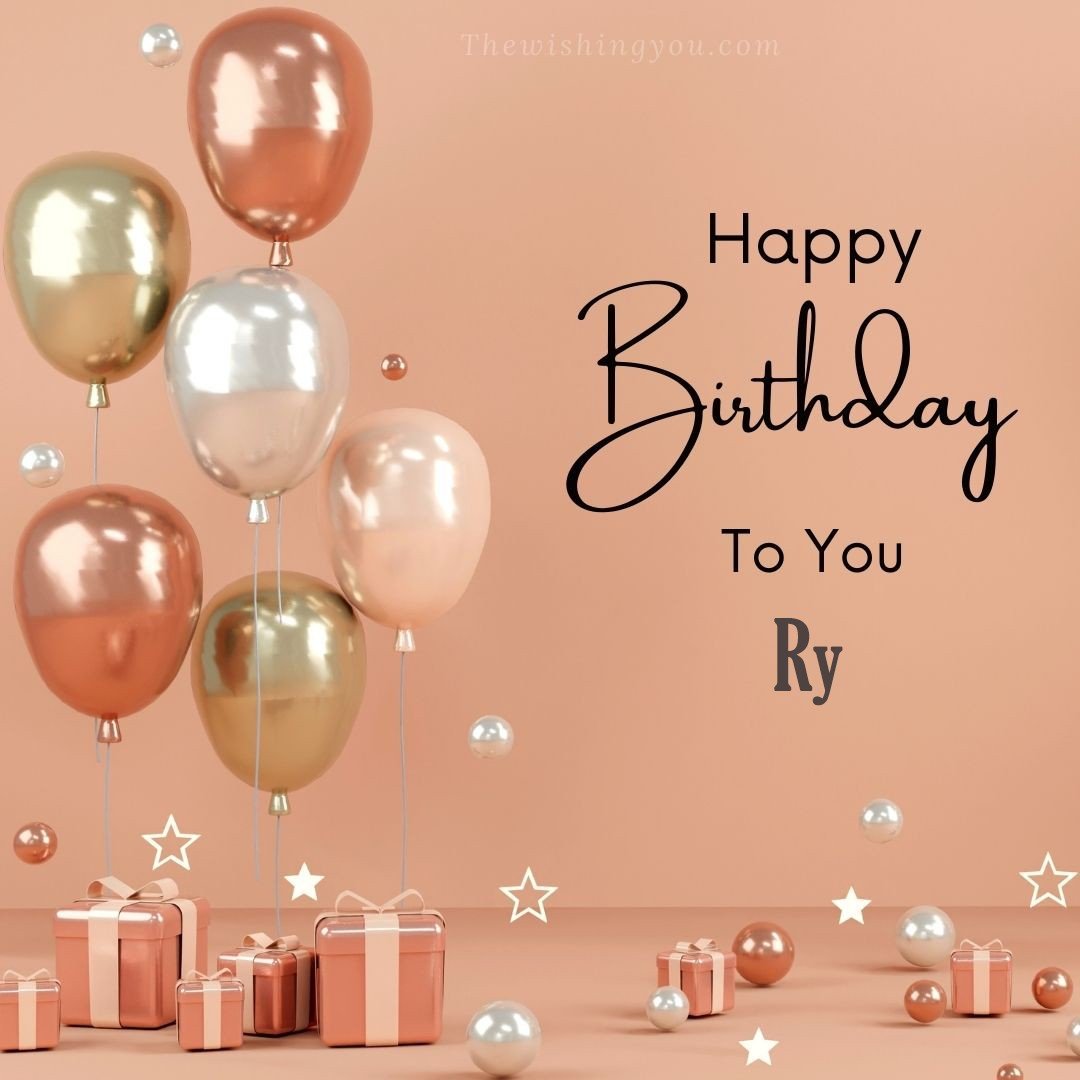 Happy birthday Ry written on image Light Yello and white and pink Balloons with many gift box Pink Background