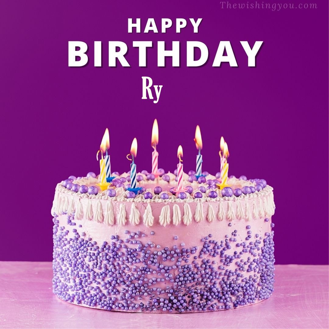 Happy birthday Ry written on image White and blue cake and burning candles Violet background