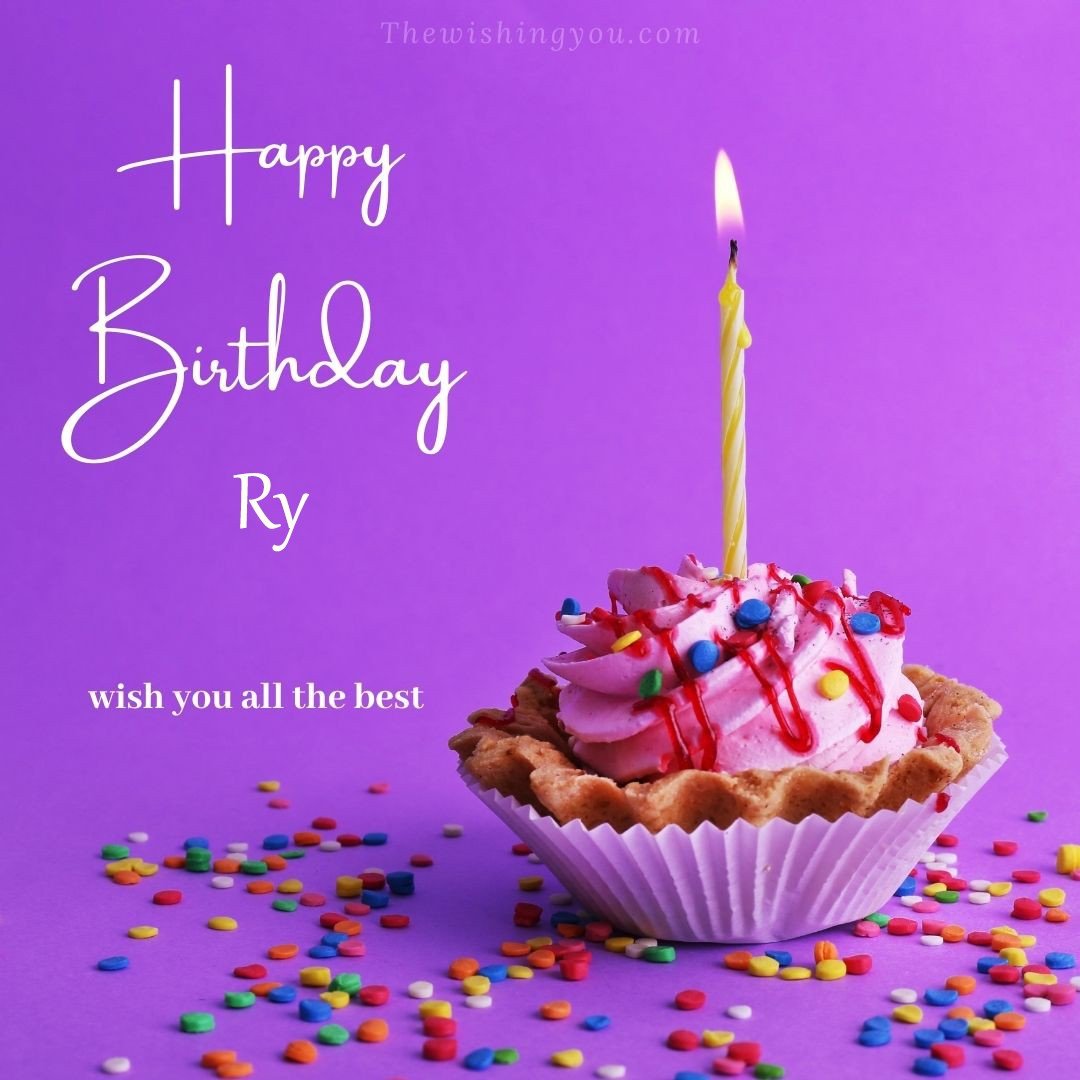 Happy birthday Ry written on image cup cake burning candle Purple background
