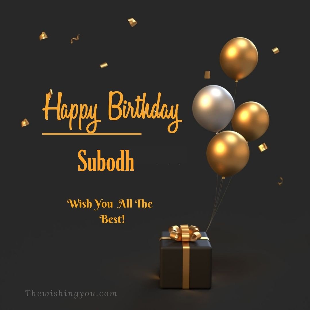 Happy birthday Subodh written on image Light Yello and white Balloons with gift box Dark Background
