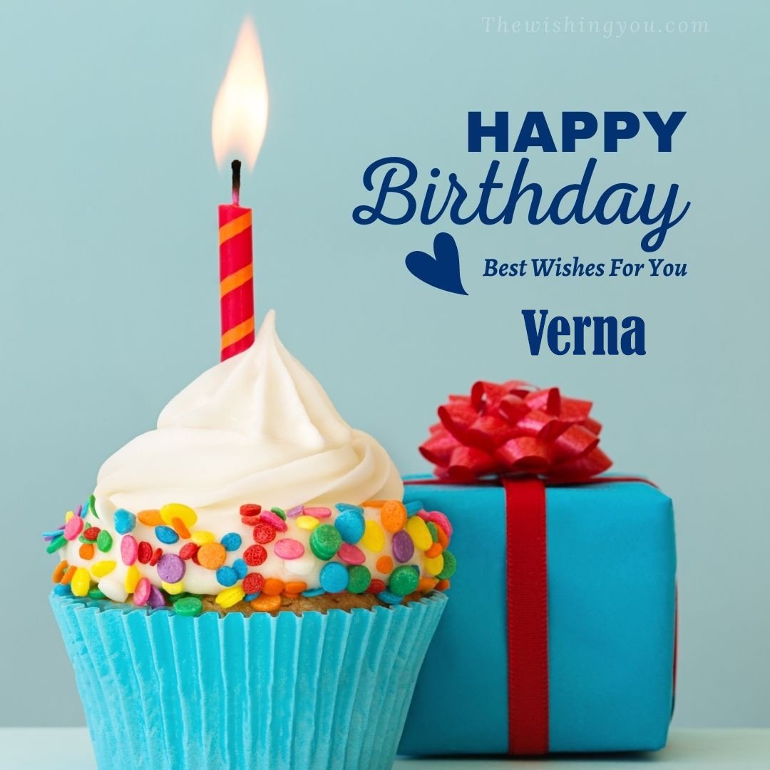 Happy birthday Verna written on image Blue Cup cake and burning candle blue Gift boxes with red ribon
