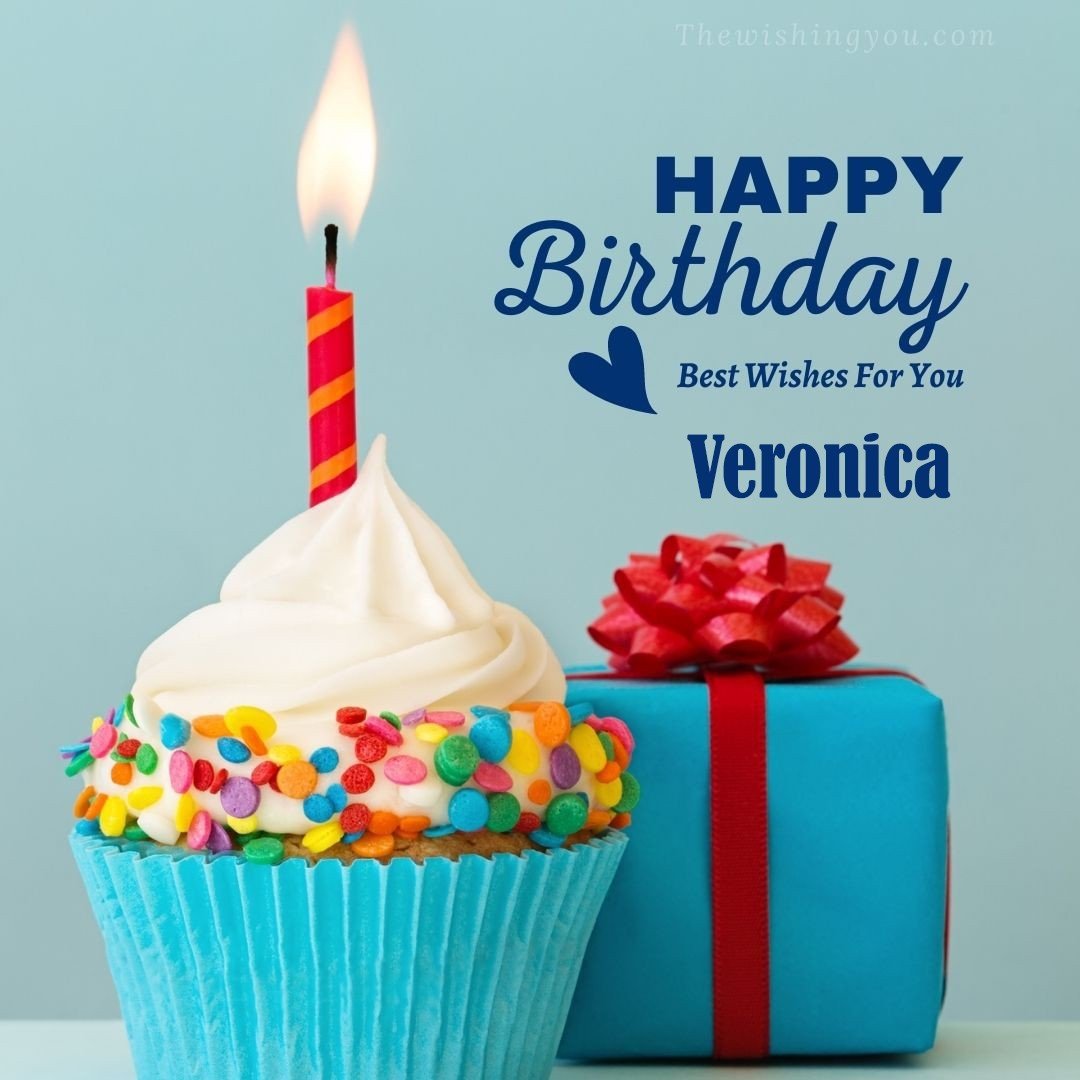 Happy birthday Veronica written on image Blue Cup cake and burning candle blue Gift boxes with red ribon