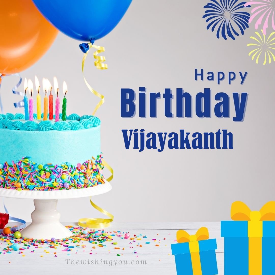 Happy birthday Vijayakanth written on image Green cake keep on White stand and blue gift boxes with Yellow ribon with Sky background
