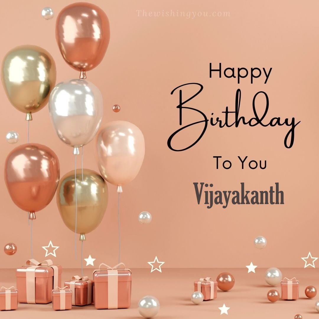 Happy birthday Vijayakanth written on image Light Yello and white and pink Balloons with many gift box Pink Background