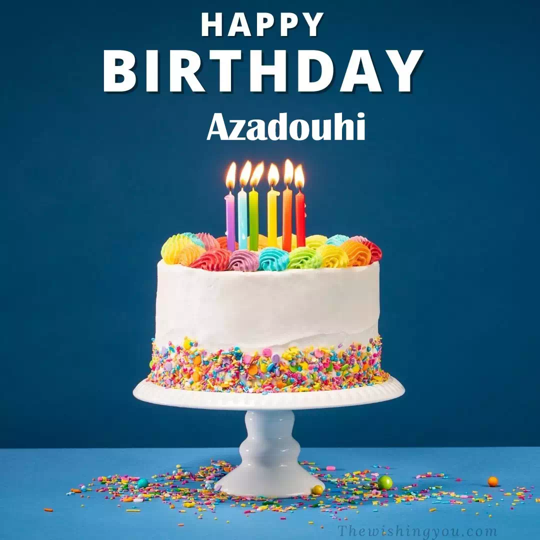 Happy Birthday Azadouhi written on image, White cake keep on White stand and burning candles Sky background