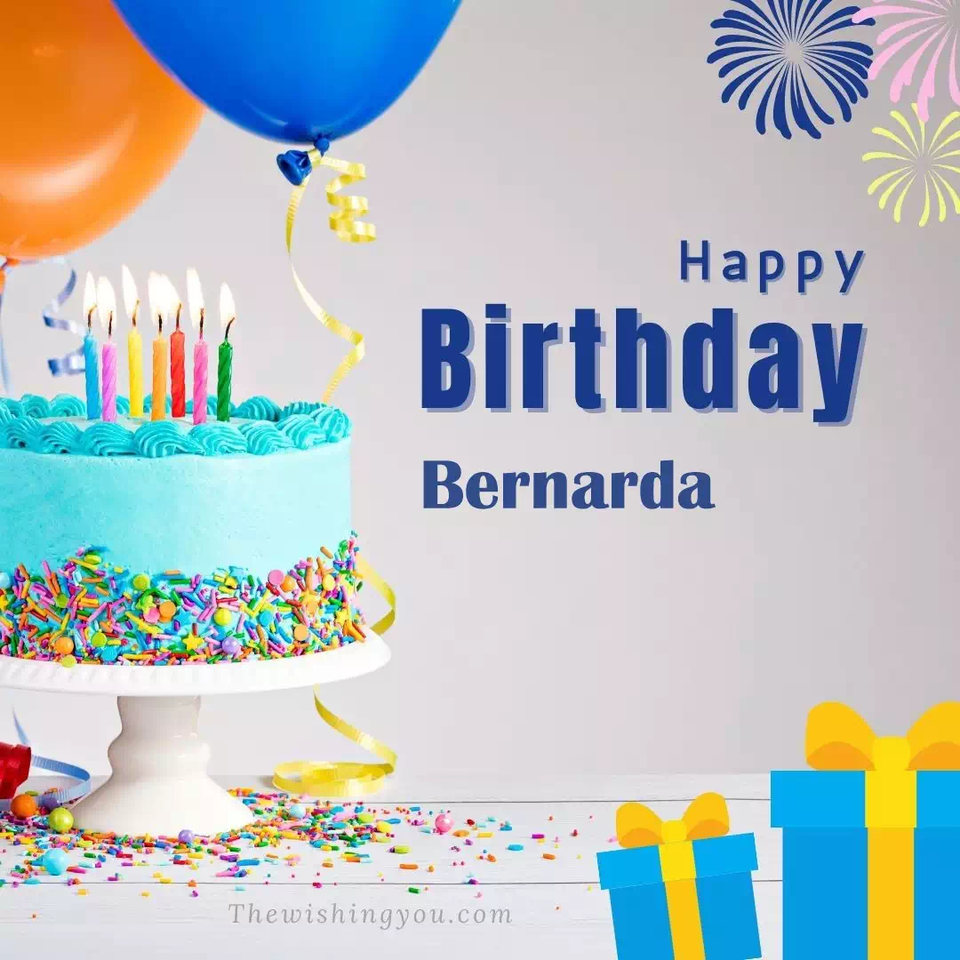 Happy Birthday Bernarda written on image, White cake keep on White stand and blue gift boxes with Yellow ribon with Sky background