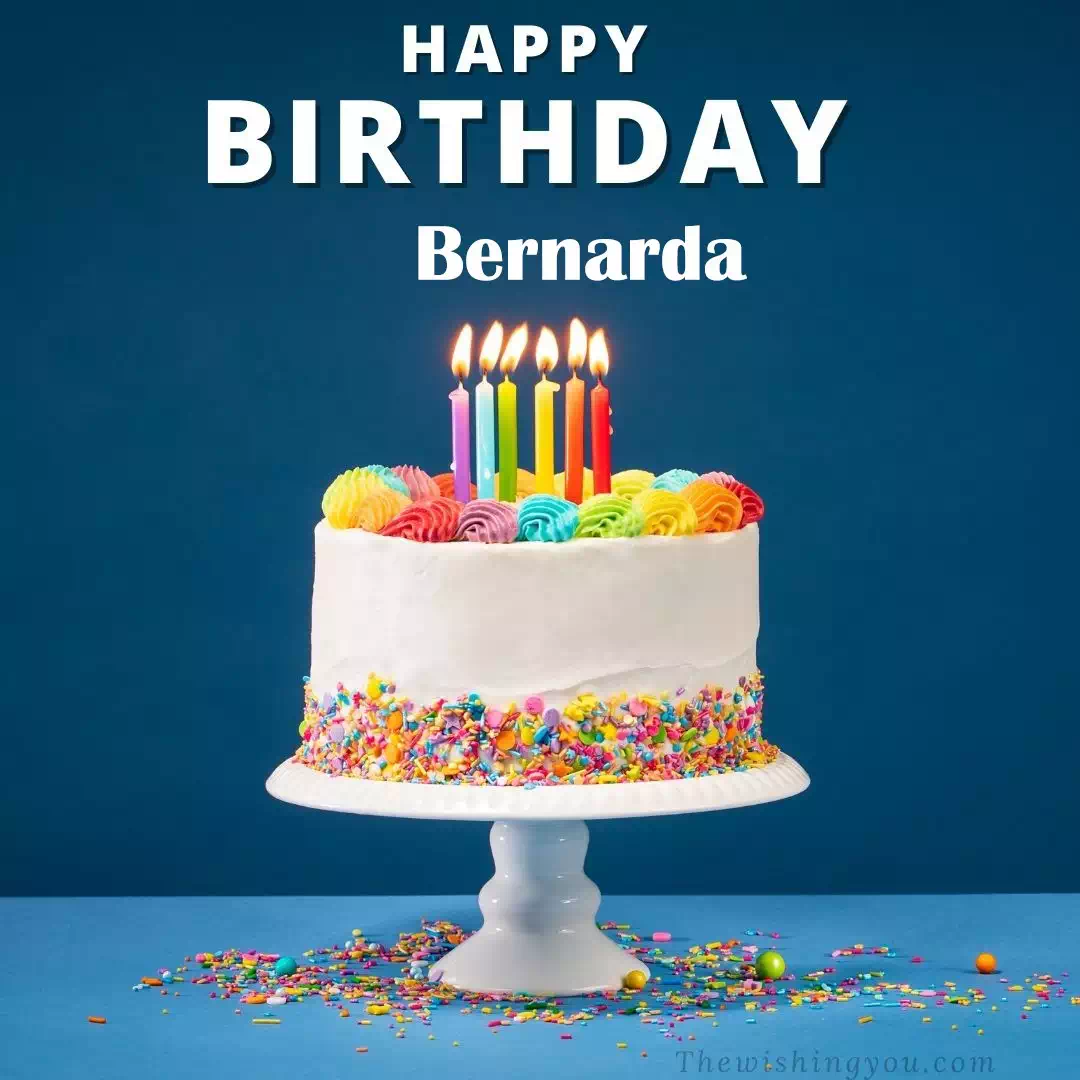 Happy Birthday Bernarda written on image, White cake keep on White stand and burning candles Sky background