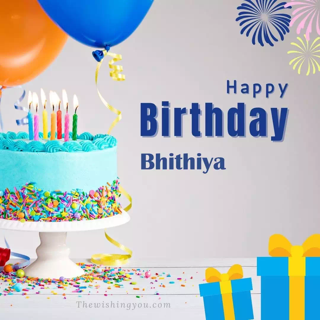 Happy Birthday Bhithiya written on image, White cake keep on White stand and blue gift boxes with Yellow ribon with Sky background