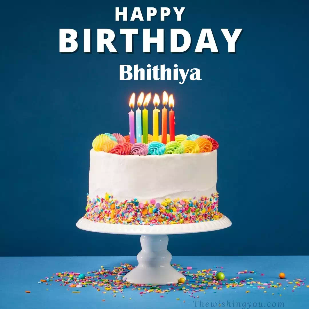 Happy Birthday Bhithiya written on image, White cake keep on White stand and burning candles Sky background