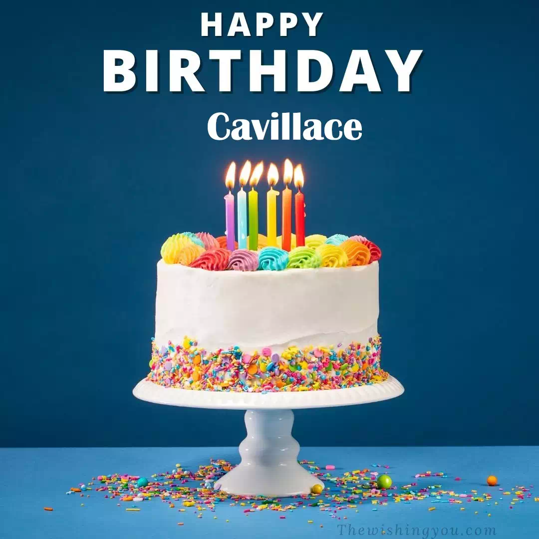 Happy Birthday Cavillace written on image, White cake keep on White stand and burning candles Sky background