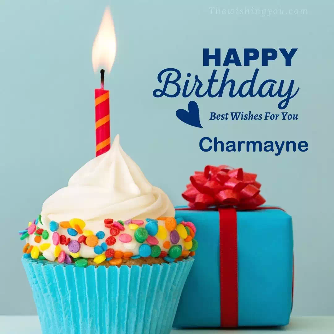 Happy Birthday Charmayne written on image, Blue Cup cake and burning candle blue Gift boxes with red ribon