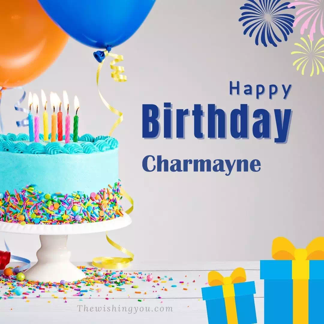Happy Birthday Charmayne written on image, White cake keep on White stand and blue gift boxes with Yellow ribon with Sky background