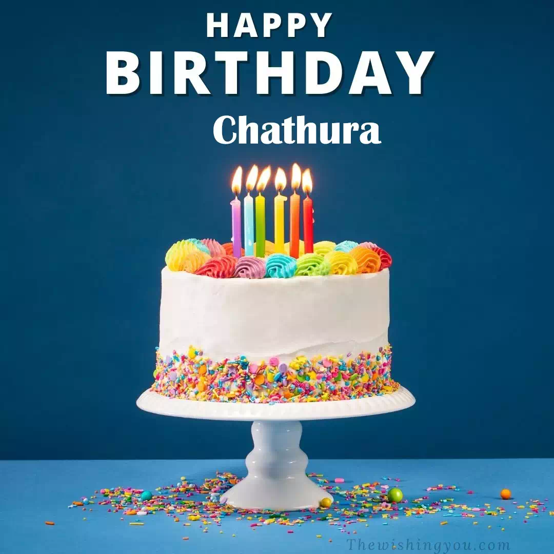 Happy Birthday Chathura written on image, White cake keep on White stand and burning candles Sky background