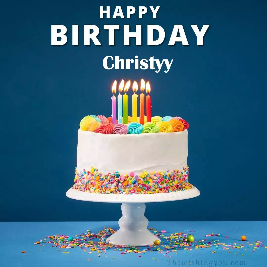 Happy Birthday Christyy written on image, White cake keep on White stand and burning candles Sky background