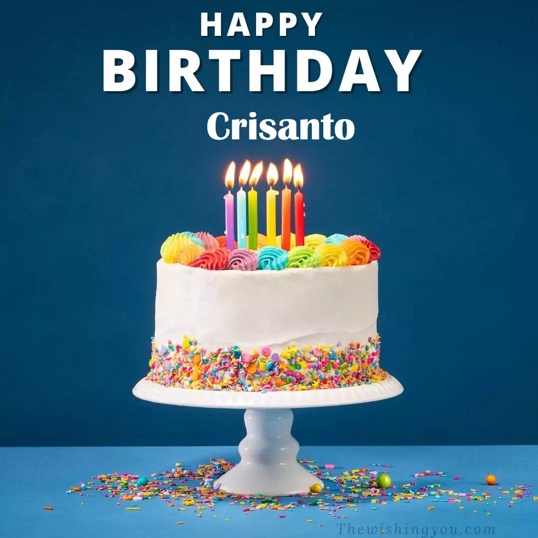 Happy Birthday Crisanto written on image, White cake keep on White stand and burning candles Sky background
