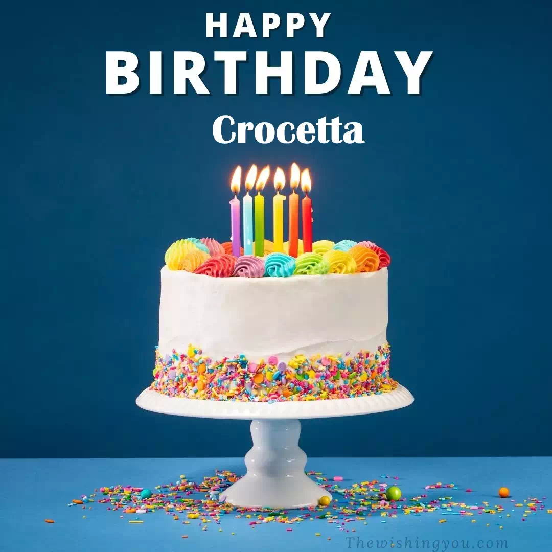 Happy Birthday Crocetta written on image, White cake keep on White stand and burning candles Sky background