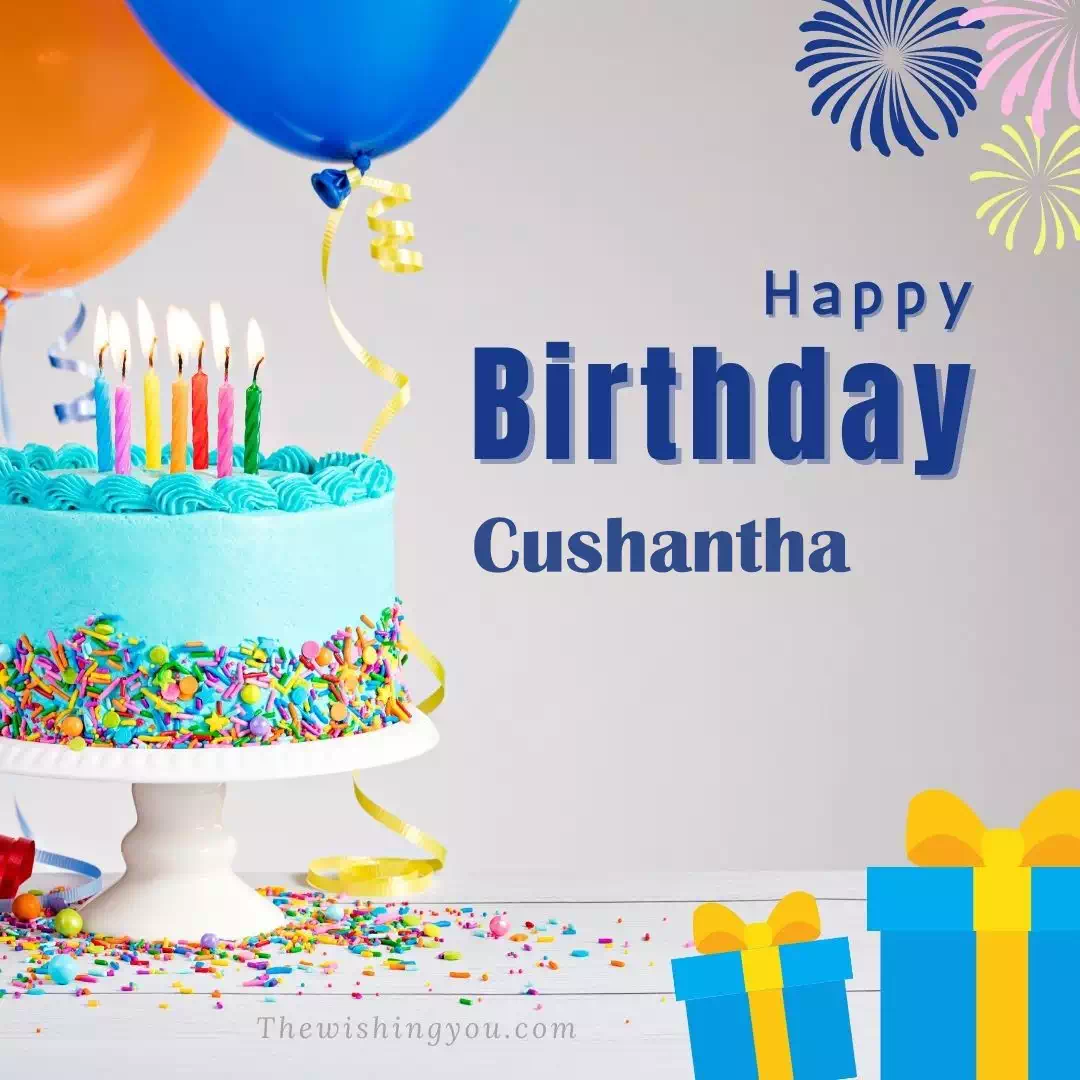 Happy Birthday Cushantha written on image, White cake keep on White stand and blue gift boxes with Yellow ribon with Sky background