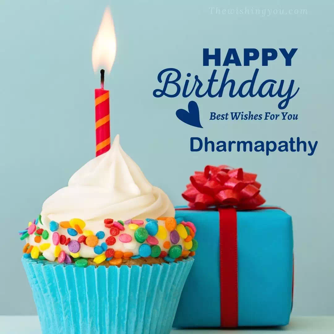 Happy Birthday Dharmapathy written on image, Blue Cup cake and burning candle blue Gift boxes with red ribon