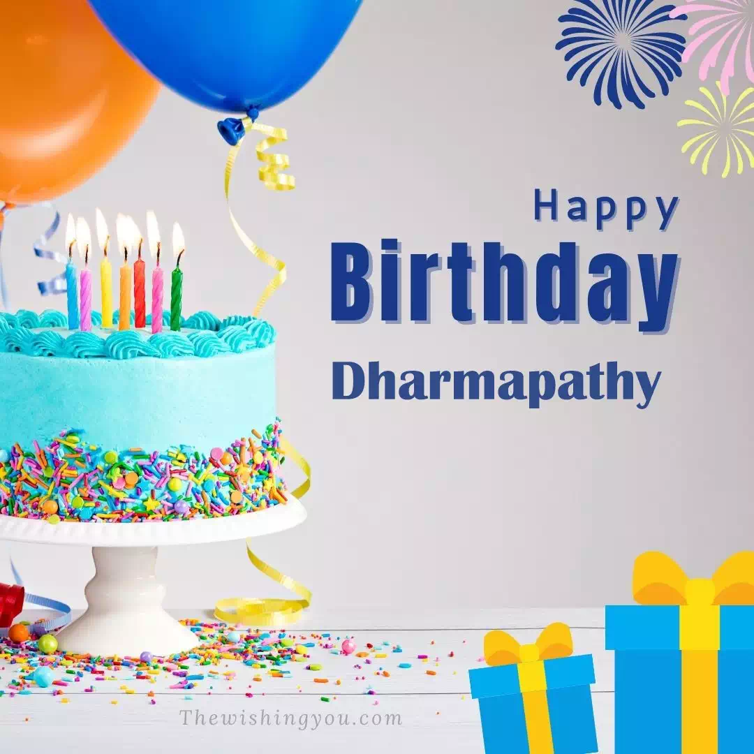 Happy Birthday Dharmapathy written on image, White cake keep on White stand and blue gift boxes with Yellow ribon with Sky background