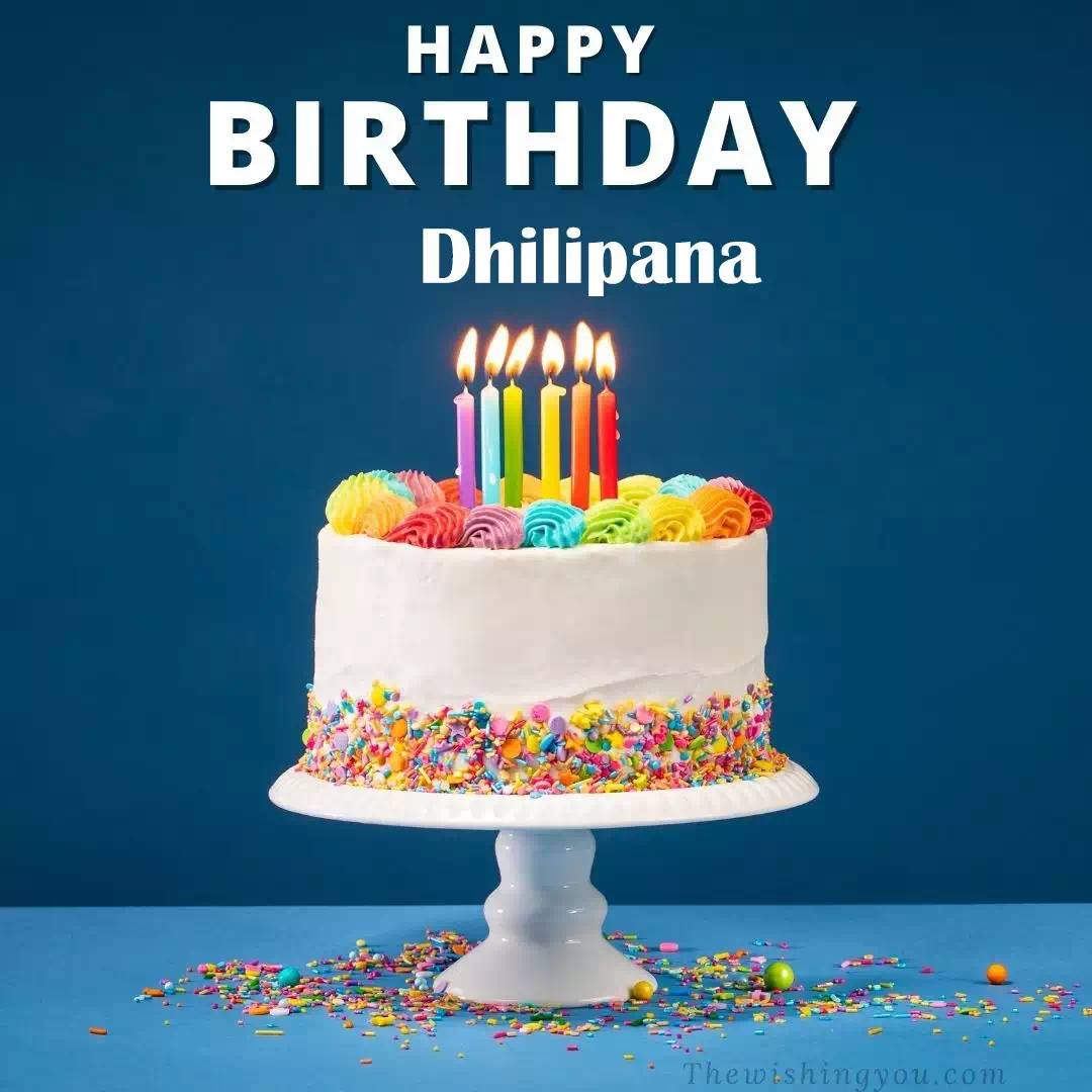 Happy Birthday Dhilipana written on image, White cake keep on White stand and burning candles Sky background