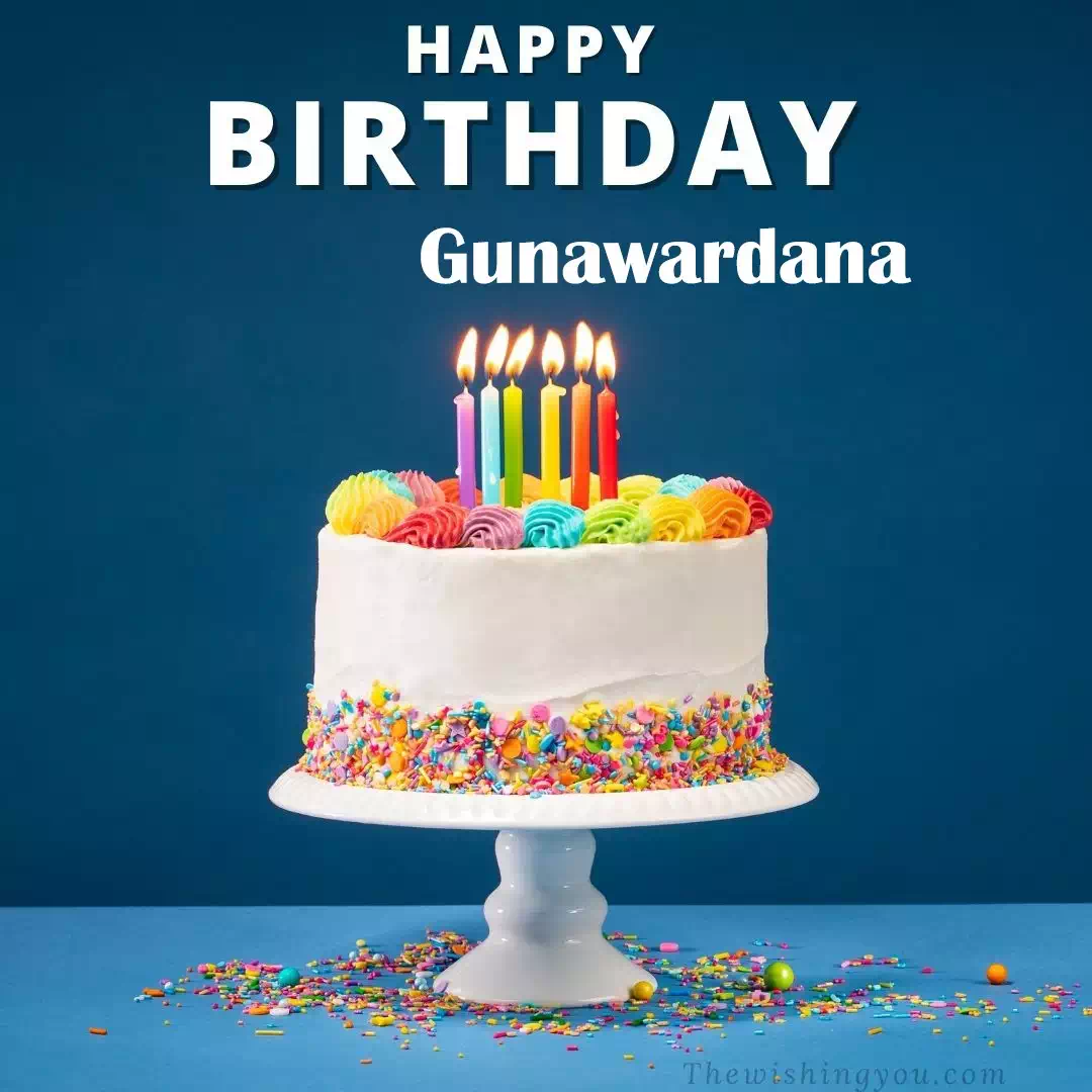 Happy Birthday Gunawardana written on image, White cake keep on White stand and burning candles Sky background