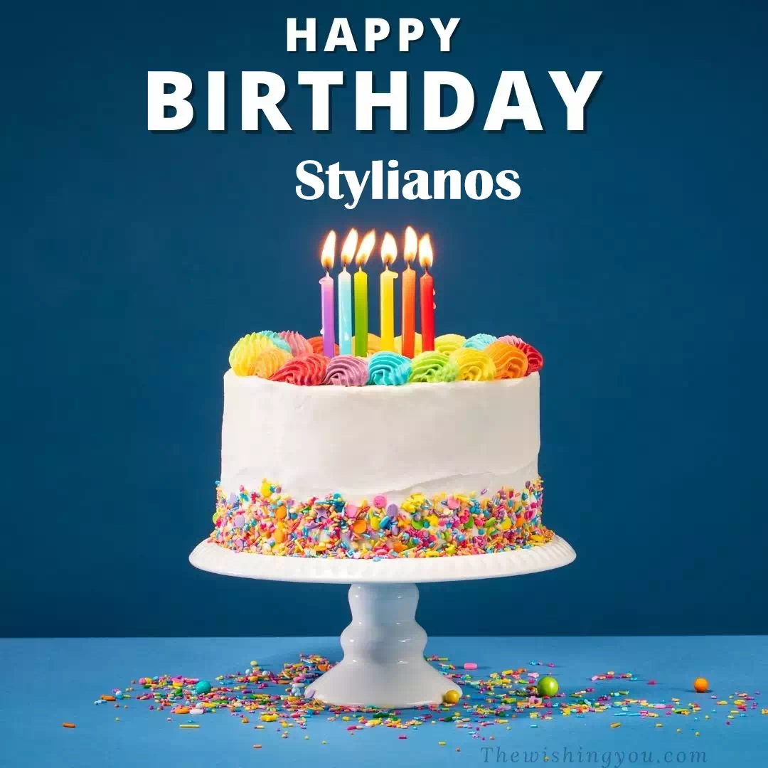 Happy Birthday Stylianos written on image, White cake keep on White stand and burning candles Sky background